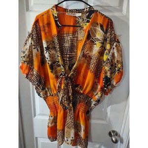 Erica Brooke Collection Top Super Plus Size 32 Orange Multicolor Elastic Waist